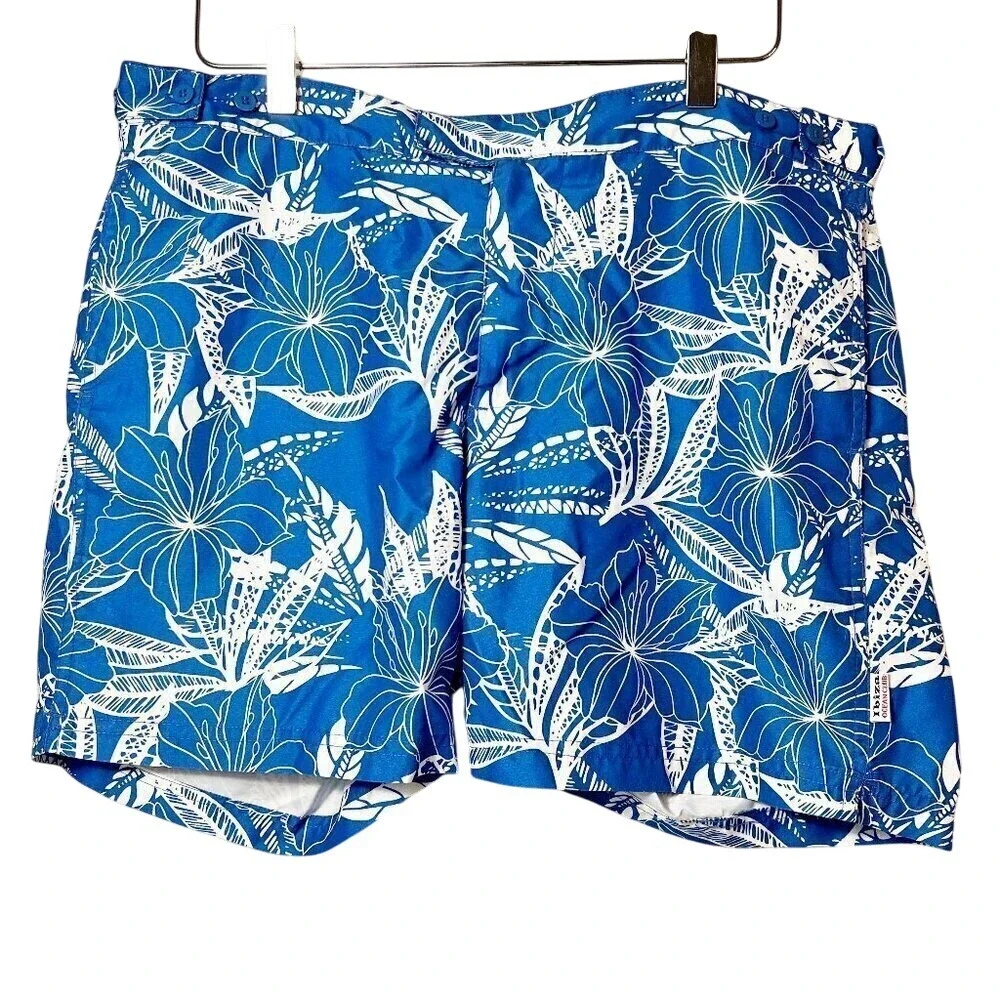 Ibiza Ocean Club Men's Swim Trunks Blue Aloha‎ White Floral Hibiscus Size 34
